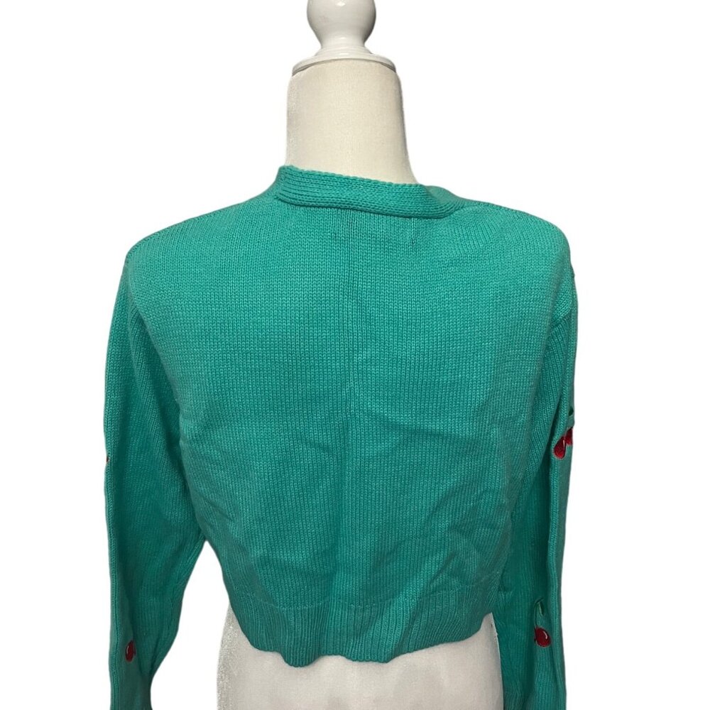 Sweet & Sinful Green Cardigan Cropped Sweater Cherries Size Medium - Picture 2 of 3